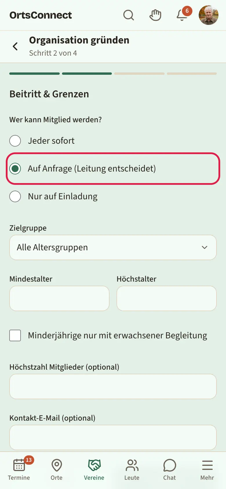 Assistent Schritt 2 „Beitritt & Grenzen“ mit den drei Auswahlpunkten unter „Wer kann Mitglied werden?“, „Auf Anfrage (Leitung entscheidet)“ markiert