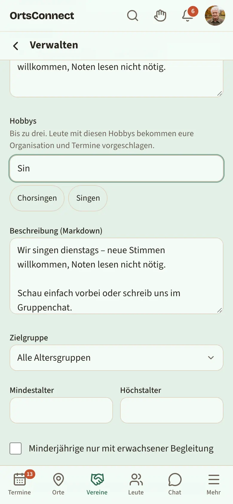 Einstellungen, Bereich „Hobbys“ mit zwei gewählten Hobbys als grüne Knöpfe und dem Suchfeld darunter