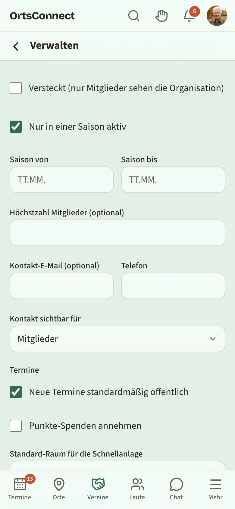 Einstellungen mit gesetztem Haken „Nur in einer Saison aktiv“ und ausgefüllten Feldern „Saison von“ und „Saison bis“