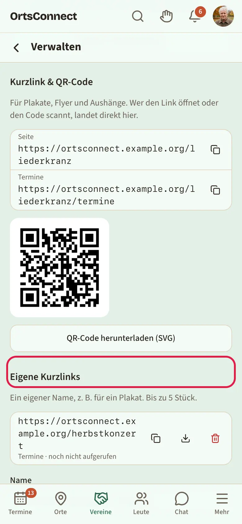 Einstellungen, Bereich „Kurzlink & QR-Code“ mit Seite und Terminen, QR-Code, einem eigenen Kurzlink „herbstkonzert“ und dem Formular „Kurzlink anlegen“