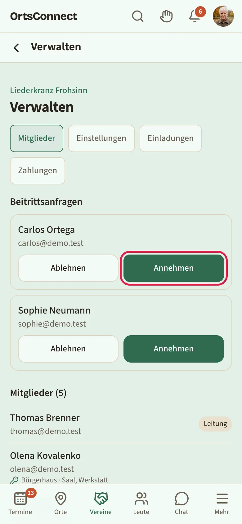 Verwalten › Mitglieder mit zwei offenen Beitrittsanfragen und den Knöpfen „Ablehnen“ und „Annehmen“