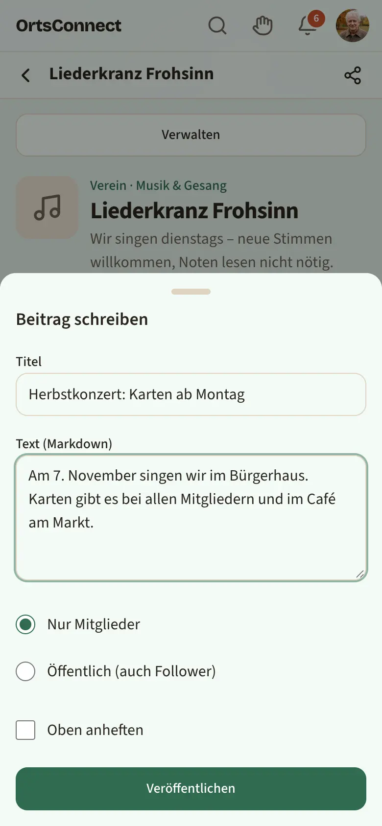 geöffnetes Fenster „Beitrag schreiben“ mit Titel, Text, Auswahl „Nur Mitglieder“ / „Öffentlich (auch Follower)“, Haken „Oben anheften“ und Knopf „Veröffentlichen“