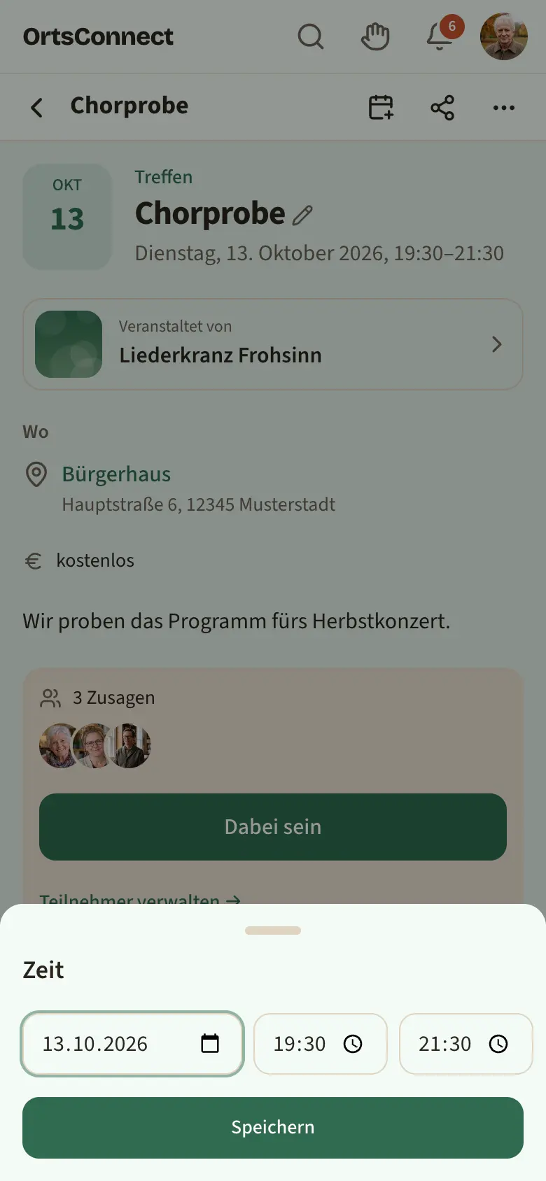 Terminseite als Leitung mit Stift-Symbol am Titel; geöffnetes Fenster „Zeit“ mit Datum, Von, Bis und Auswahl „Nur diesen Termin“ / „Diesen und alle folgenden“