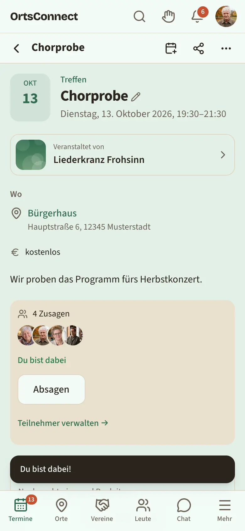 geöffnetes Fenster „Anmeldung“ mit Kapazität, Haken „Warteliste, wenn voll“, „Tickets mit QR-Code“ und den Feldern für Anmeldezeitraum