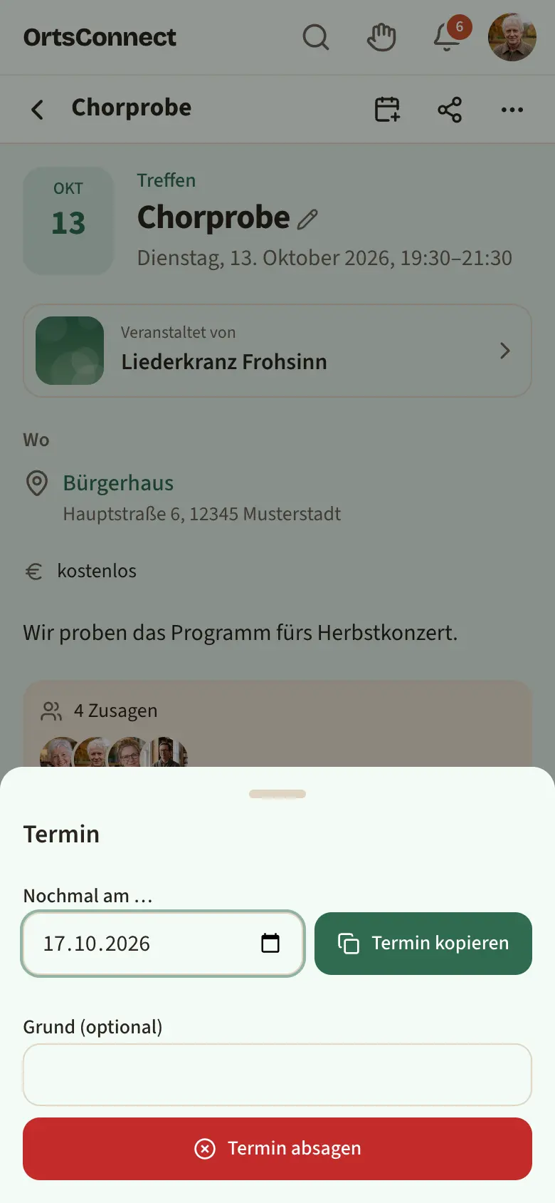 geöffnetes Fenster „Termin“ mit Bereich „Nochmal am …“ (Datum, Knopf „Termin kopieren“) und darunter Grund-Feld und roter Knopf „Termin absagen“