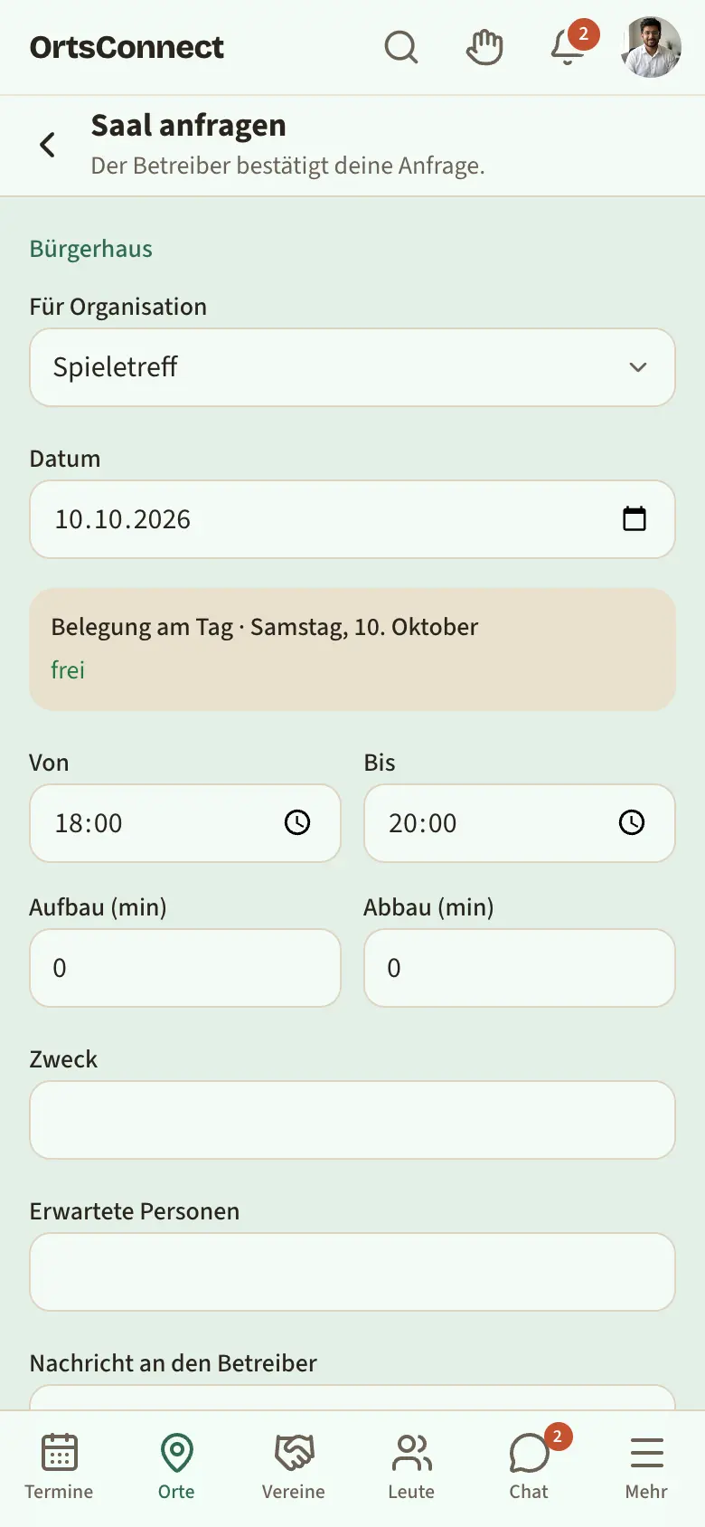Seite „… anfragen“ mit Organisation, Datum, Belegung am Tag, Von/Bis, Aufbau/Abbau, Zweck und Knopf „Anfrage senden“