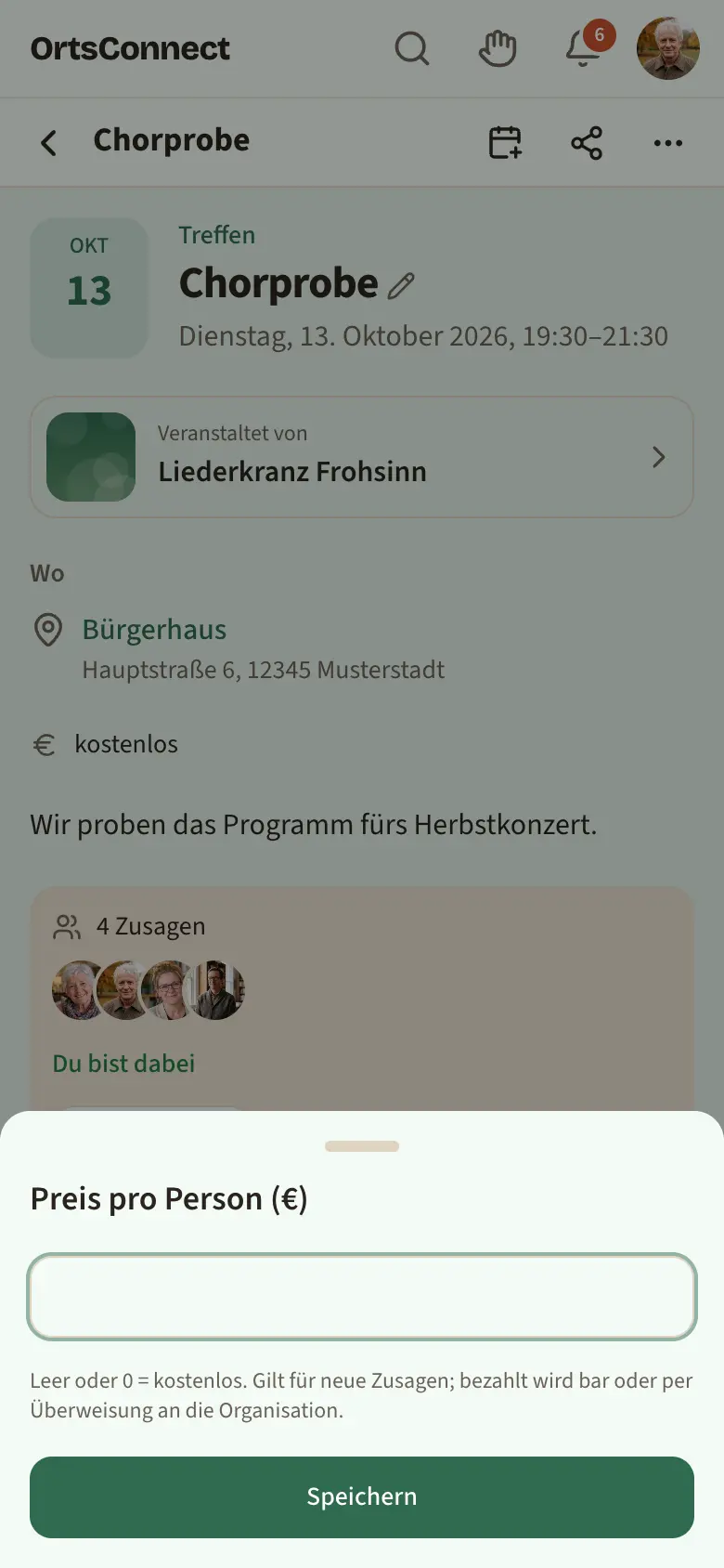 Terminseite als Leitung mit geöffnetem Fenster „Preis pro Person (€)“ und Hinweistext darunter