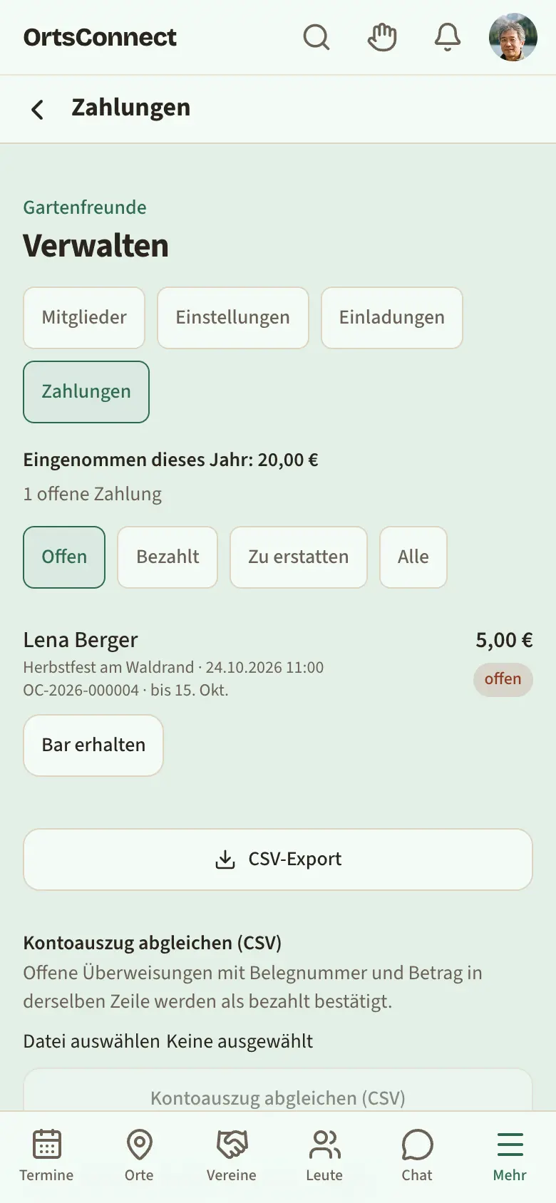 Verwalten › Zahlungen mit Jahreseinnahmen oben, Filter „Offen“ aktiv und einer Zahlung mit den Knöpfen „Bar erhalten“ und „Überweisung erhalten“